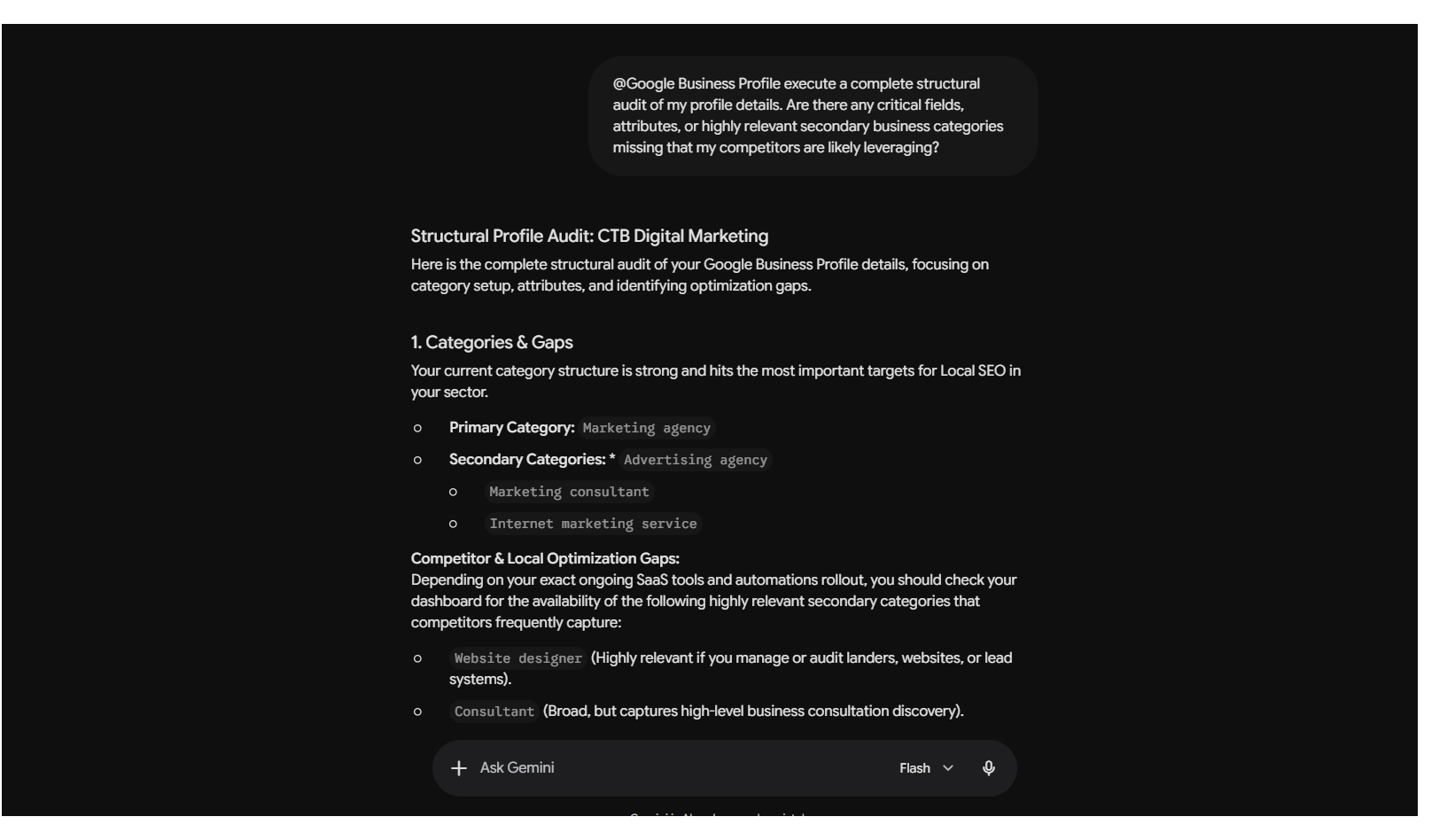 Screenshot of Gemini's response to the performance audit prompt, breaking down search and Maps impressions.