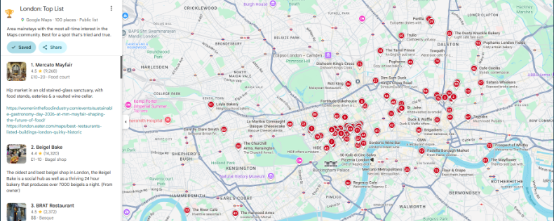 ภาพหน้าจอ London Top List ใน Google Maps พร้อมแผงรายการและหมุดตัวเลขบนแผนที่