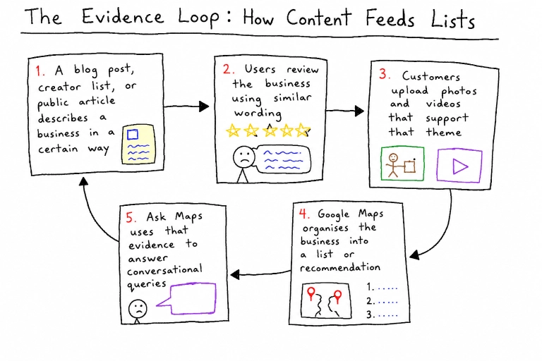 Evidence Loop: แสดงความเชื่อมโยงของคอนเทนต์ภายนอก รีวิวของลูกค้า และรูปภาพที่เป็นตัวขับเคลื่อนการแนะนำใน Google Maps