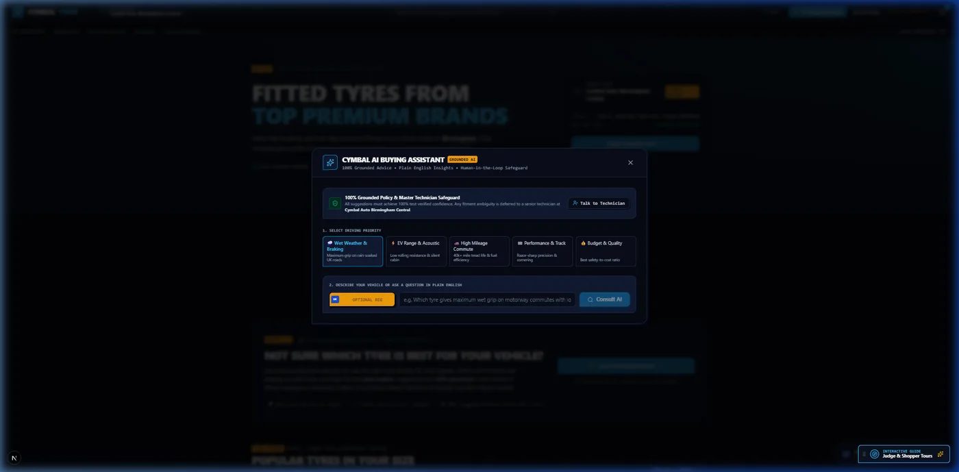 The Cymbal storefront buying assistant, powered by Gemini, answering a tyre fitment question for a specific vehicle.