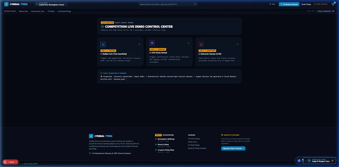 The Cymbal demo page showing a simulated stream of agent-to-agent protocol messages and signed payment mandates.
