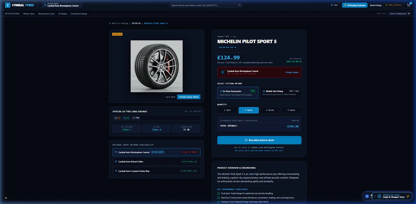 The Cymbal storefront showing a fitted alloy wheel and tyre package with vehicle fitment details and per-depot stock.