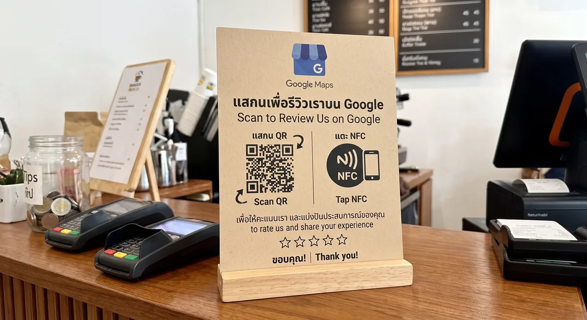 การ์ด QR และ NFC ขอรีวิวบนเคาน์เตอร์ร้านอาหาร เชื่อมไปยังหน้ารีวิว Google Business Profile